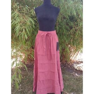 Cotton Maxi Skirt (L) - Rustic Rose Boho Tiered Elastic Waist Bow Tie Linen Feel